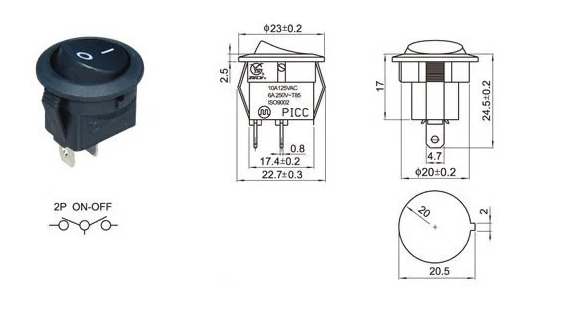 Переключатель клавишный Lemanso LSW06 круглый красный с подсветкой KCD1-101-8