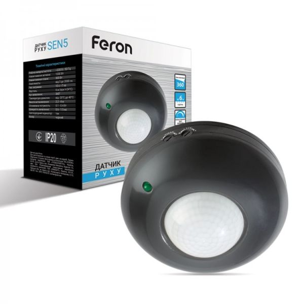 Датчик движения Feron LX20-SEN5 300-1200Вт до 6м угол 360 инфракрасный черный