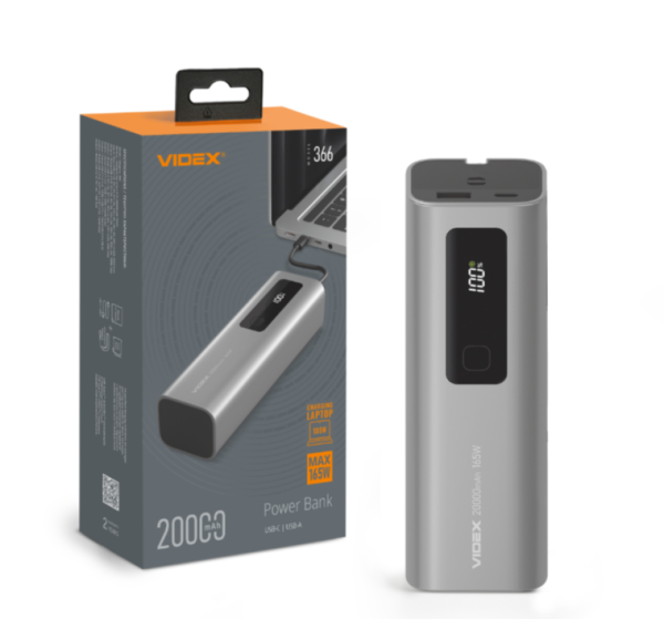 Повербанк 20000mAh Videx VPB-366 165W PD100W Display сірий