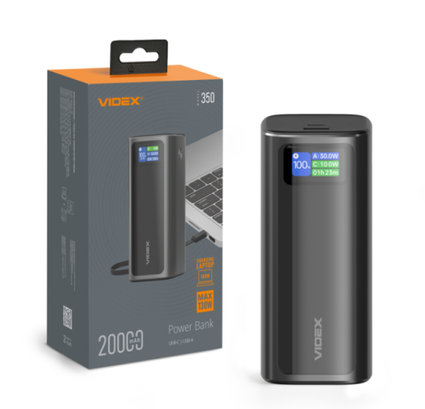Повербанк 20000mAh Videx VPB-350 130W PD100W Display сірий