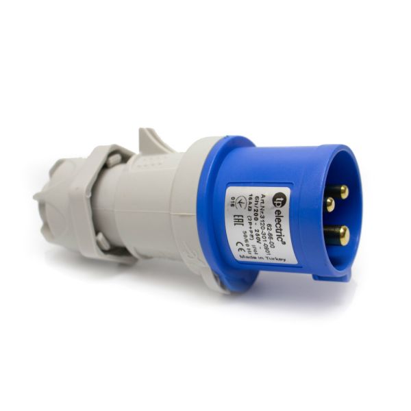 Вилка силова каучук TP electric переносна 16А-3 (2Р+РЕ) IP44 сірий синій