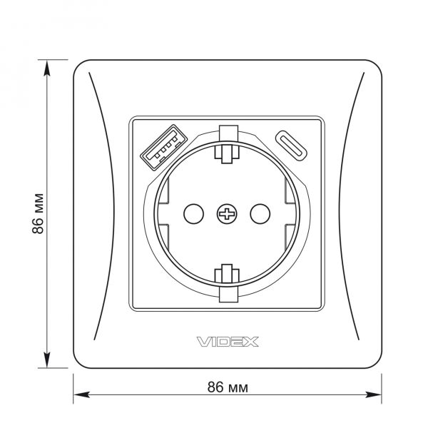 Розетка одинарная с заземлением и USB+USB-C черный графит VIDEX BINERA