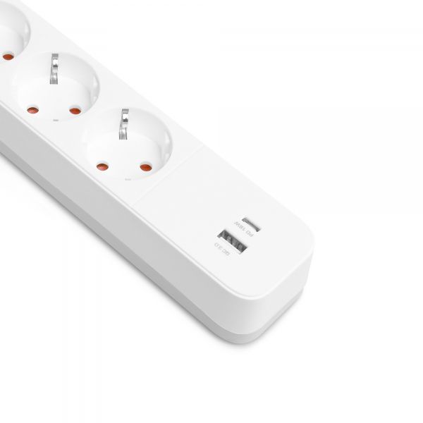 Мережевий подовжувач VIDEX ONCORD з/з 4п 3м (3x1.5мм) 3.4А USB(QC3.0) +USB-C(PD18W) з кнопкою White
