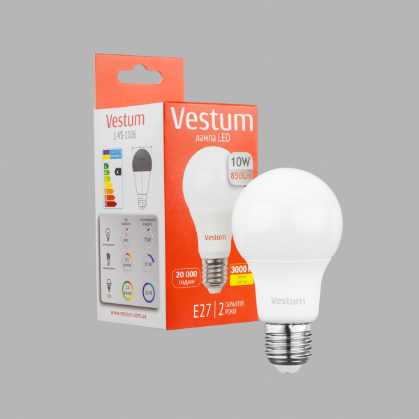 Лампа LED Vestum A60 10W 3000K 220V E27