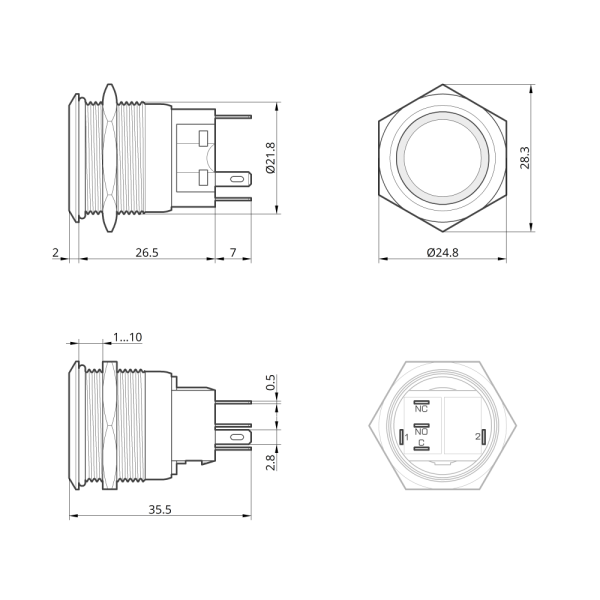 Кнопка металлическая Takel КНМ-UL-22-FJ-E 220V 1NO1NC плоская 5A зеленый