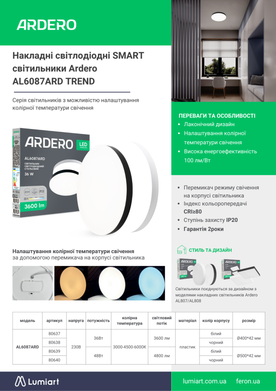 Світильник накладний Ardero led al6087ard Trend 36Вт 3000-4000-6500К 3600Лм білий