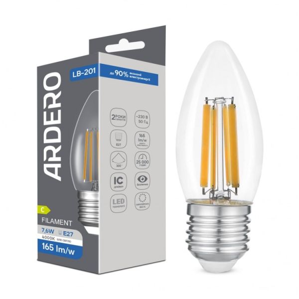Лампа Feron led 7.6W 4000K 1255Lm E27 С35 230V свечка филамент
