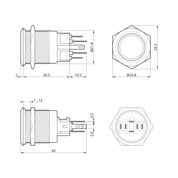 Кнопка металлическая Takel КНМ-22-FJ-E 24V 1NO1NC плоская зеленый