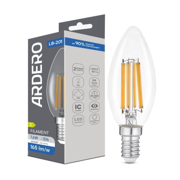 Лампа Feron led 7.6W 4000K 1255Lm E14 С35 230V свечка филамент