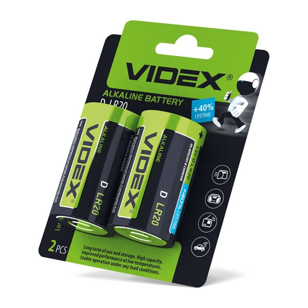 Батарейка щелочная Videx LR20/D 2шт BLISTER CARD (цена за 1 штуку)