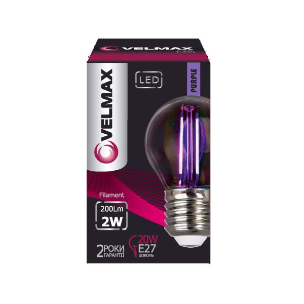 Лампа свiтлодiодна 2W E27 Velmax V-Filament-G45 фіолетова