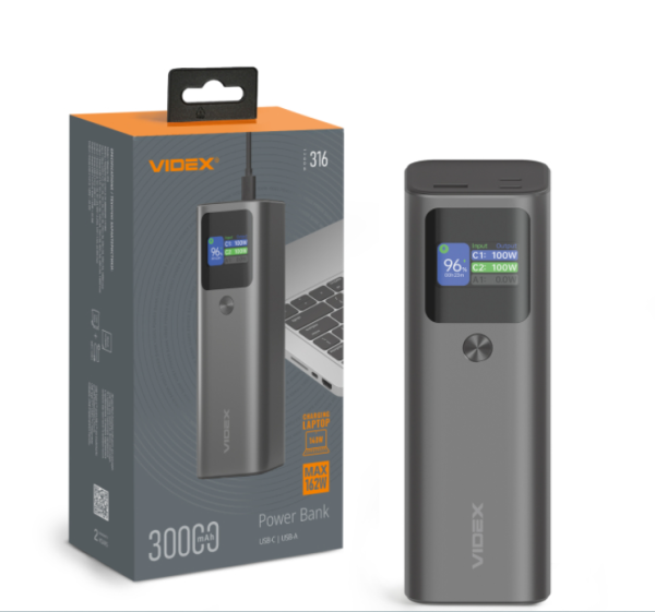 Повербанк 30000mAh Videx VPB-316 162W PD140W Display сірий