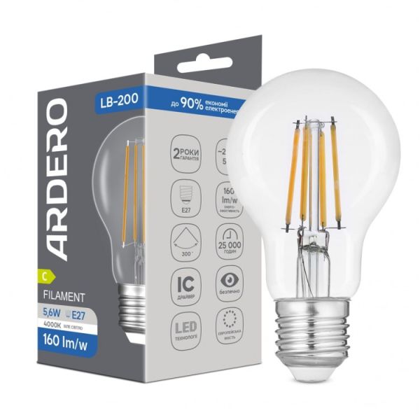 Лампа Feron led 5.6W 4000K 900Lm E27 A60 230V груша филамент