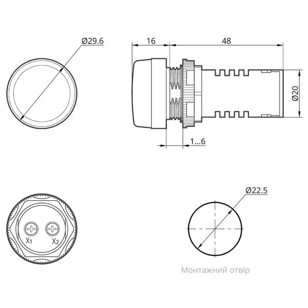 Светодиодный индикатор Takel AD22D 230v АC DC Argent красный