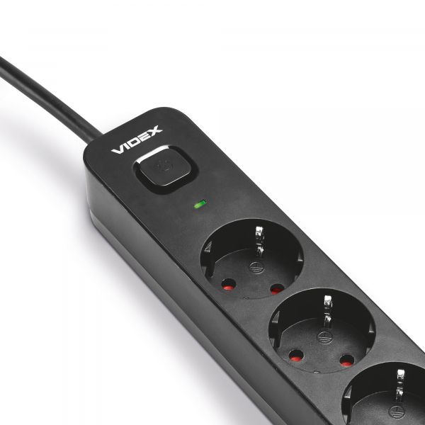 Мережевий подовжувач VIDEX ONCORD з/з 3п 3м (3x1.5мм) 2.4А 2USB+USB-C з кнопкою Black