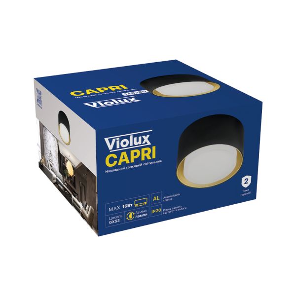 Світильник точковий накладний Violux Capri GX53 max 15W коло IP20 чорний золото