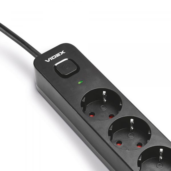 Мережевий подовжувач VIDEX ONCORD з/з 3п 3м (3x1.5мм) з кнопкою Black