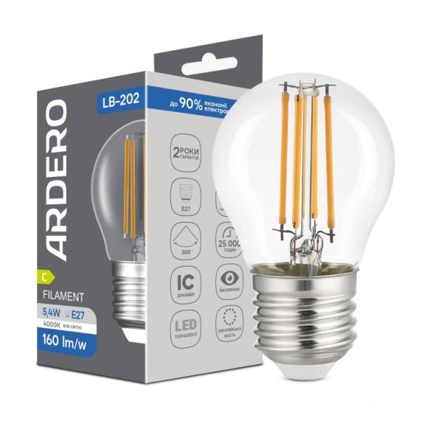 Лампа Feron led 5.4W 4000K 865Lm E27 G45 230V шар филамент