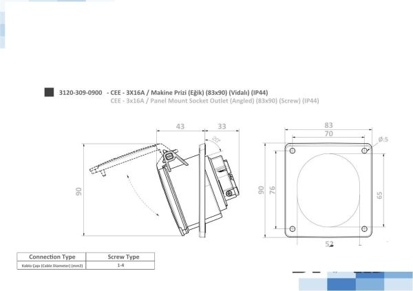 Розетка промислова кутова 3x16A 230V IP44 TP electric 3120-309-0900 синій