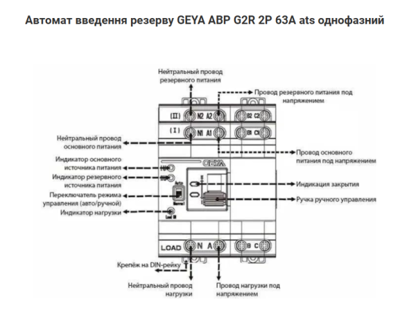 Автоматический переключатель ввода резерва GEYA G2R (ATS) 2Р 63А, 220В на DIN-рейку для резервного питания