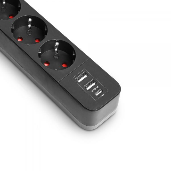 Мережевий подовжувач VIDEX ONCORD з/з 3п 3м (3x1.5мм) 2.4А 2USB+USB-C з кнопкою Black