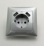 Розетка с заземлением + гнезда 2USB серебро Sakura Lemanso LMR1331