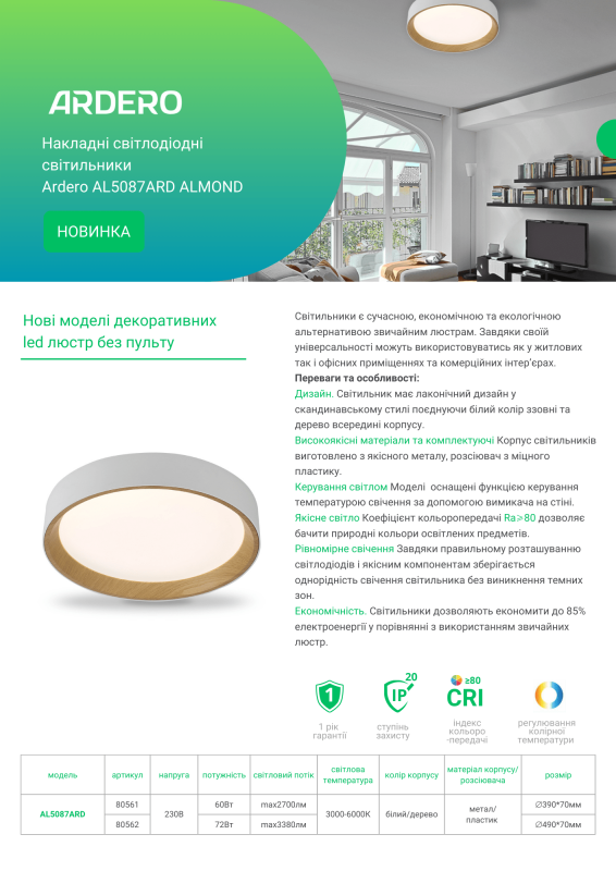 Светильник накладной Ardero led al5087ard Almond 72Вт 3000-4000-6500К 3380Лм белый