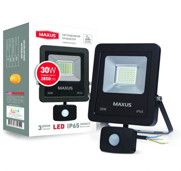 Прожектор LED FLOOD LIGHT MAXUS 30W з датчиком руху 5000K (1-MAX-01-LFL-3050s)