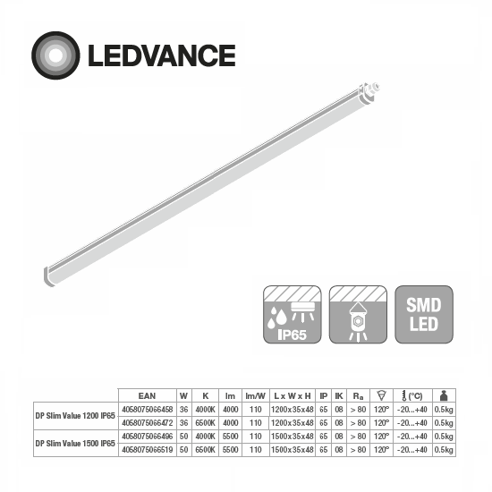 Светильник влагозащищенный 36W 6500K 3700Lm IP65 Damp-proof SLIM 1200 LEDVANCE