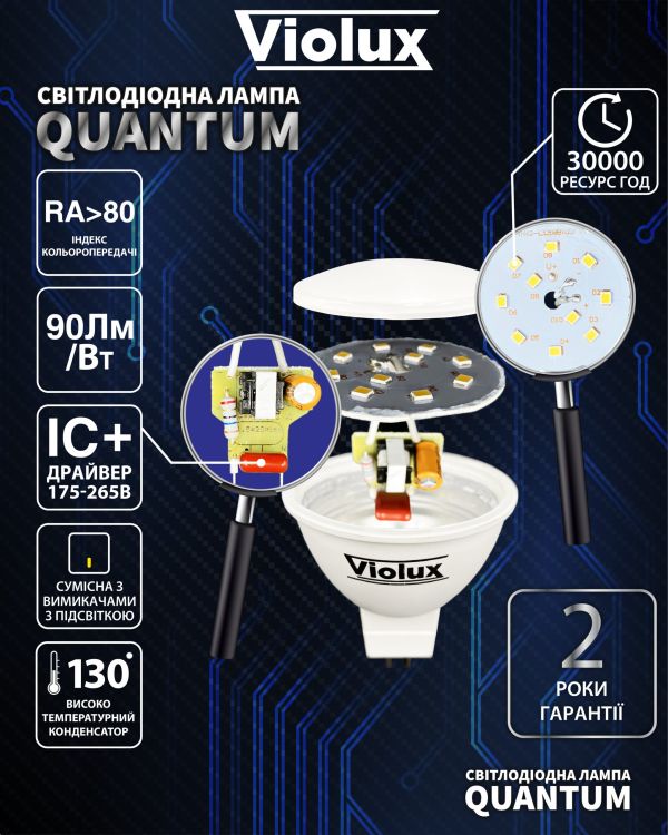 Лампа Led Quantum Violux MR16 8W GU5.3 3000K 50х55мм