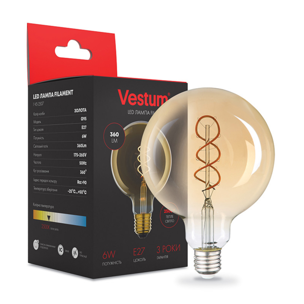 Лампа LED Vestum філамент вінтаж golden twist G95 Е27 6Вт 220V 2500К