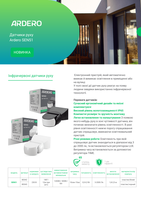 Датчик руху Ardero SEN51 300-1200Вт до 12м кут 180 IP65 інфрачервоний білий