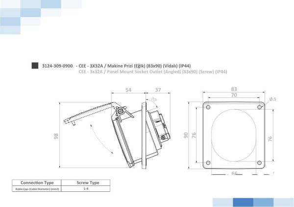 Розетка промислова кутова 3x32A 230V IP44 TP electric 3124-309-0900 синій