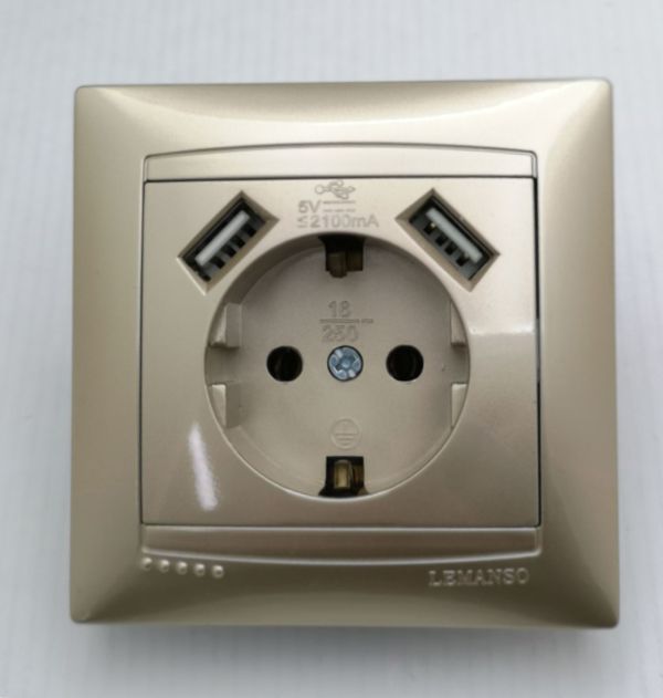 Розетка с заземлением + гнезда 2USB золото Sakura Lemanso LMR1231