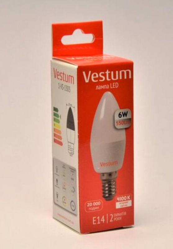 Лампа LED Vestum C37 6W 4100K 220V E14