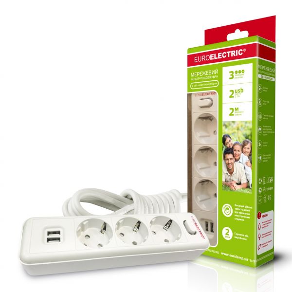 Мережевий фільтр-подовжувач 4 гнізда 2 метри з USB 10А EUROELECTRIC