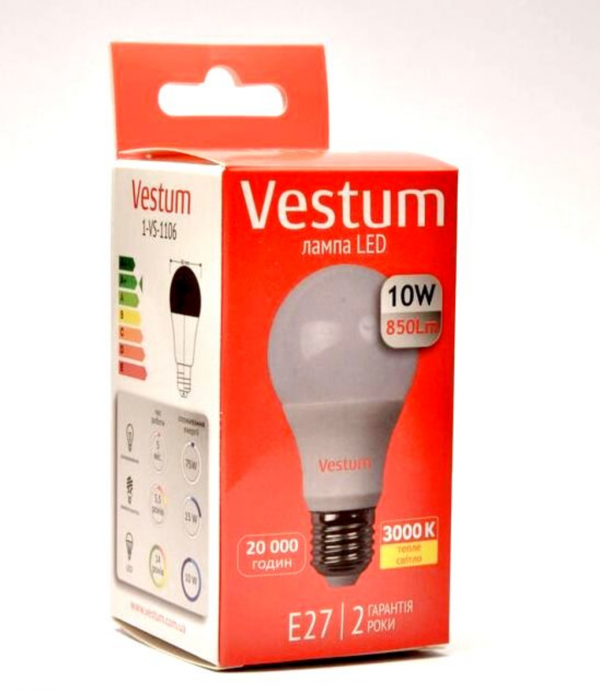 Лампа LED Vestum A60 10W 3000K 220V E27