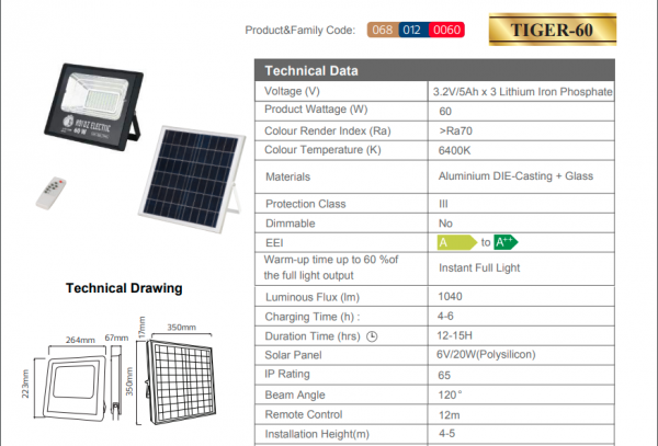 Прожектор світлодіодний з сонячною панеллю Horoz TIGER 60W 6400K