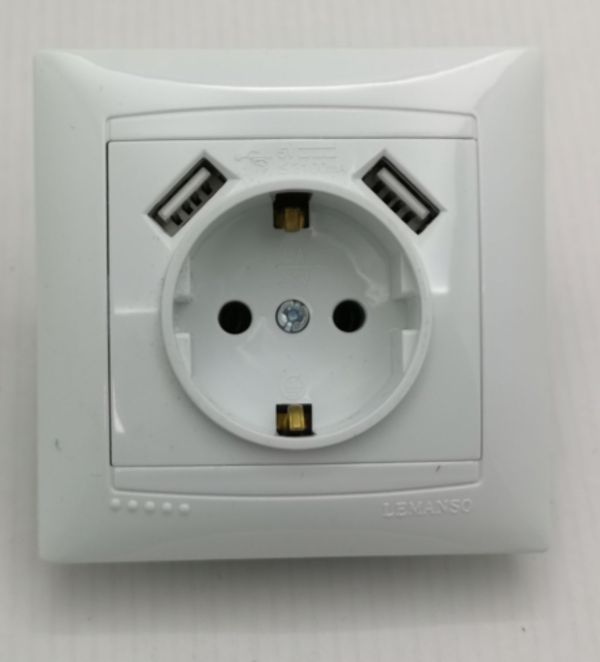 Розетка с заземлением + гнезда 2USB белая Sakura Lemanso LMR1039