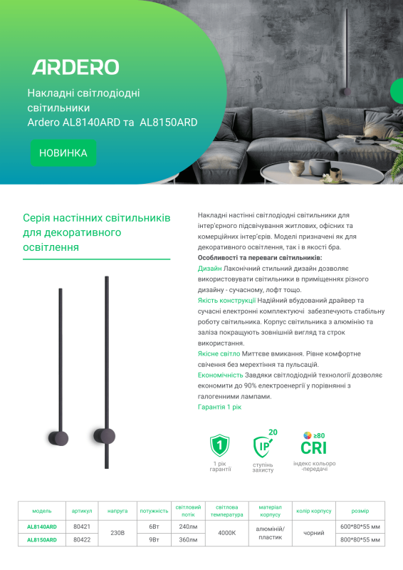 Світильник настінний Ardero led накладний AL8140ARD 6Вт 240Лм 4000K чорний