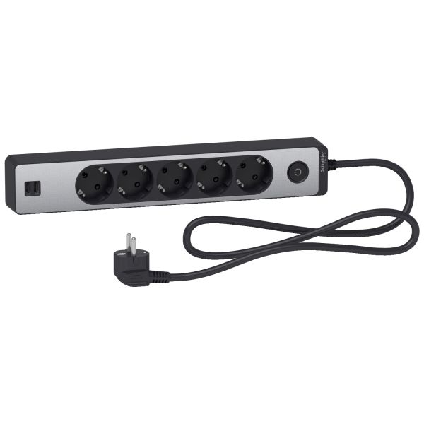 Удлинитель 5 розеток с заземлением и 2хUSB 1,5 метра алюминиевый черный Schneider Electric Unica Extend ST945U1BA