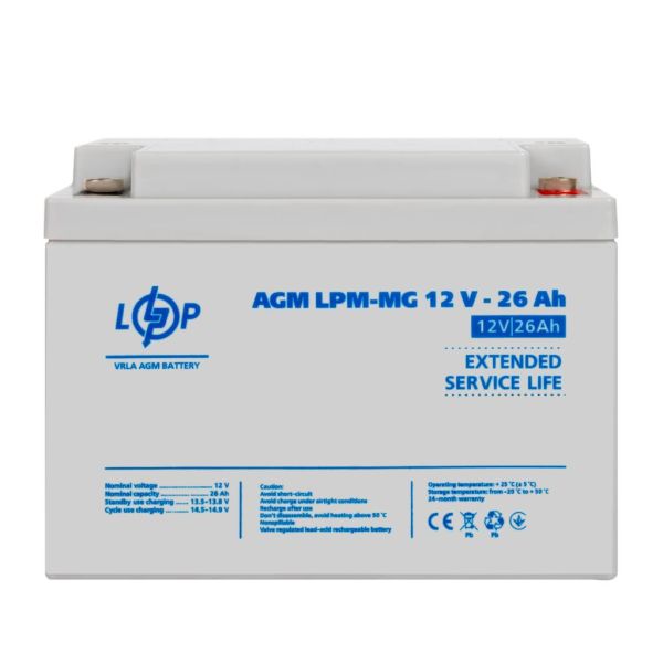 Акумулятор мультигелевий AGM LP LogicPower LPM-MG 12V - 26Ah під болт М5