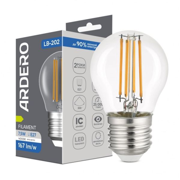 Лампа Feron led 7.6W 4000K 1255Lm E27 G45 230V шар филамент