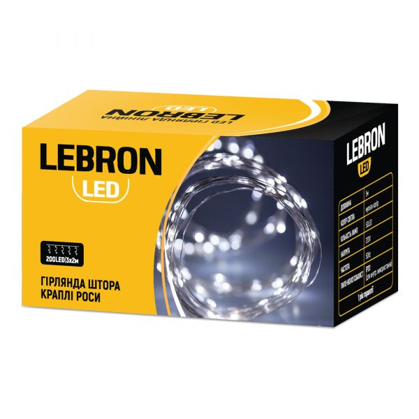 Гірлянда Lebron штора краплі роси 200LED білий 8 режимів USB пульт ДК IP20 кабель прозорий 3х2м