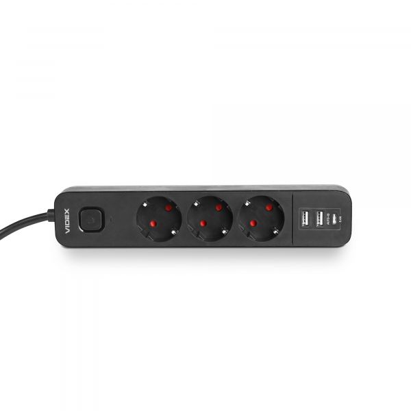 Мережевий подовжувач VIDEX ONCORD з/з 3п 3м (3x1.5мм) 2.4А 2USB+USB-C з кнопкою Black