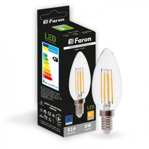 Лампа свiтлодiодна свічка 6W E14 4000K filament Feron LB-158 C37
