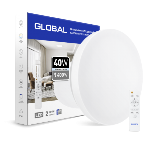 Умный светильник Global 40W Круг (пульт, димминг, ночник, CCT 3000-6500K, IP44)
