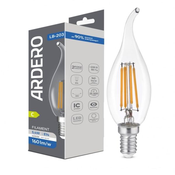 Лампа Feron led 5.4W 4000K 865Lm E14 CF35 230V свечка на ветру филамент