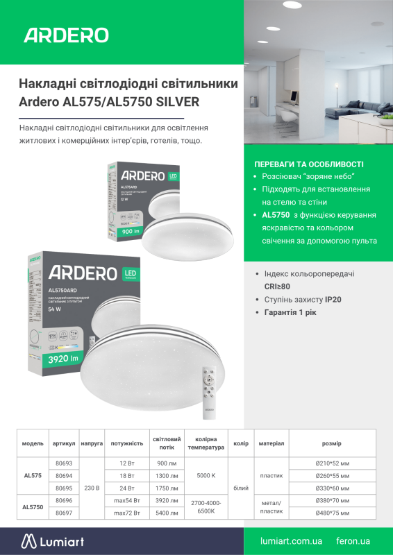 Світильник накладний led Ardero AL575ARD SILVER 24Вт 5000K IP20 білий