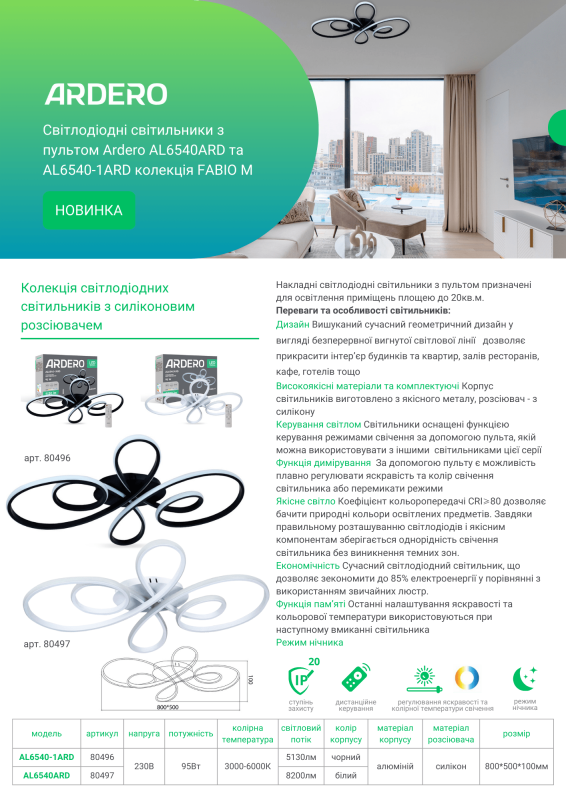 Світильник люстра Ardero led al6540ard Fabio-m 95Вт 3000-6000К 8200Лм пульт білий
